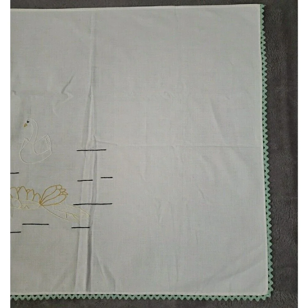 Embroidered Table Runner Swans Lilly Pad Mint Green Rick Rack 25